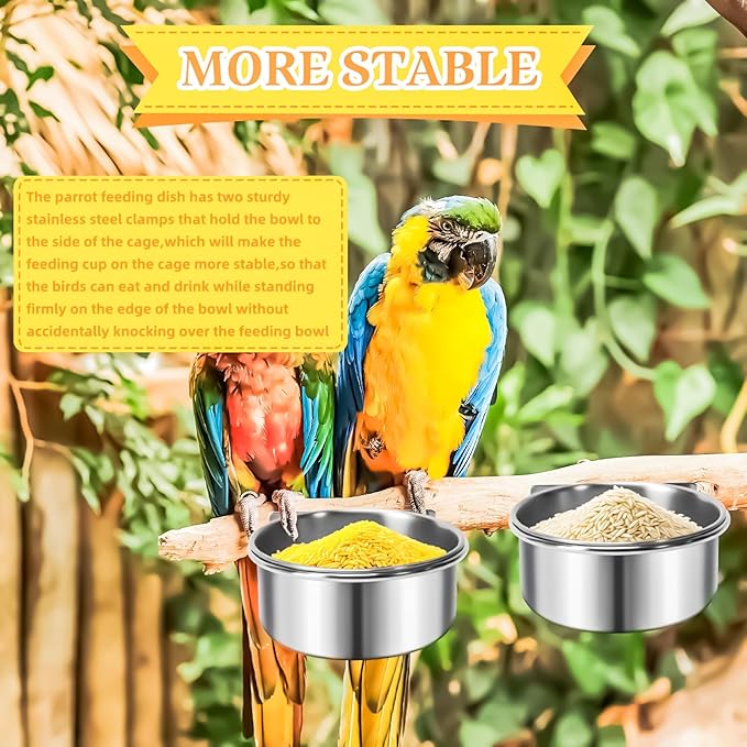 3 Pack Bird Feeding Bowls Cups Parrot Food Water Dishes, Stainless Steel Bird Bowl Cup Dish with Clamp, Birdcage Feeder Pet Cage Bowls for Parrot Cockatiel Budgie Conure Parakeet Small Animal