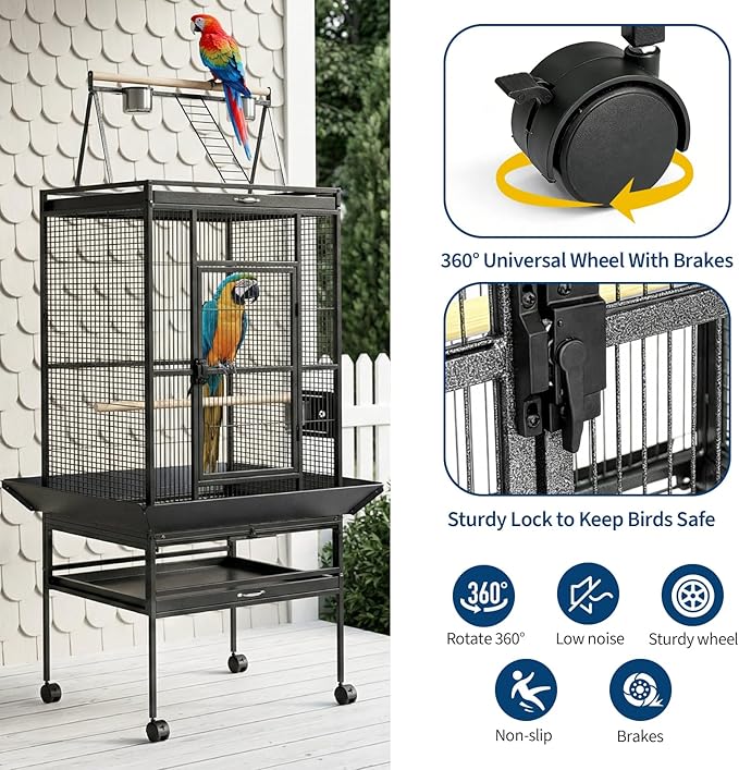 GarveeHome 69" H Bird Cage, Metal Birdcage with Play Top, Rolling Stands, Feed Bowls, Wide Tall Parakeet Cage for Parrots, Conures, Cockatiel, Cockatoo, Black