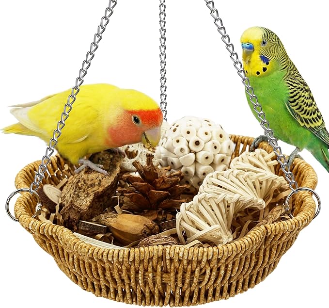 20Pcs Bird Foraging Toy Set with Hanging Basket, Natural Shredding & Chew Enrichment Toys for Parrots Cockatiels, Budgies, Parakeets, Cage or Floor Puzzle Foraging Toys for Mental Stimulation