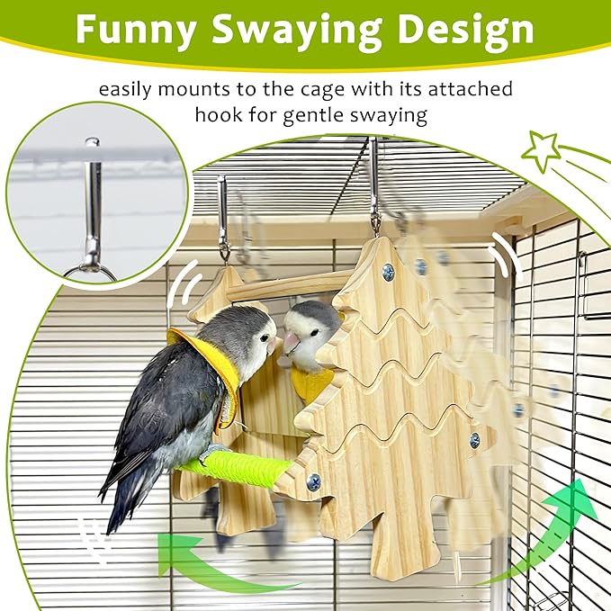 Bird Mirror Toy Perch, 2-Sided Hd Parakeet Mirrors & 2 Cotton-Wrapped Perches for Multiple Birds, Wooden Frame Hanging Parrot Swing for Cage, Safe No Sharp Edges Bird Toy for Budgie Lovebird Cockatiel