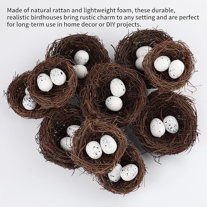30Pcs Small Artificial Bird Nests with Eggs for Crafts,Handmade Natura Rattan Birds Nest for Easter, Wedding, Home, Party, and Christmas Tree Decorations(10pcs Mixed Small Size Nest, 20pcs Eggs)