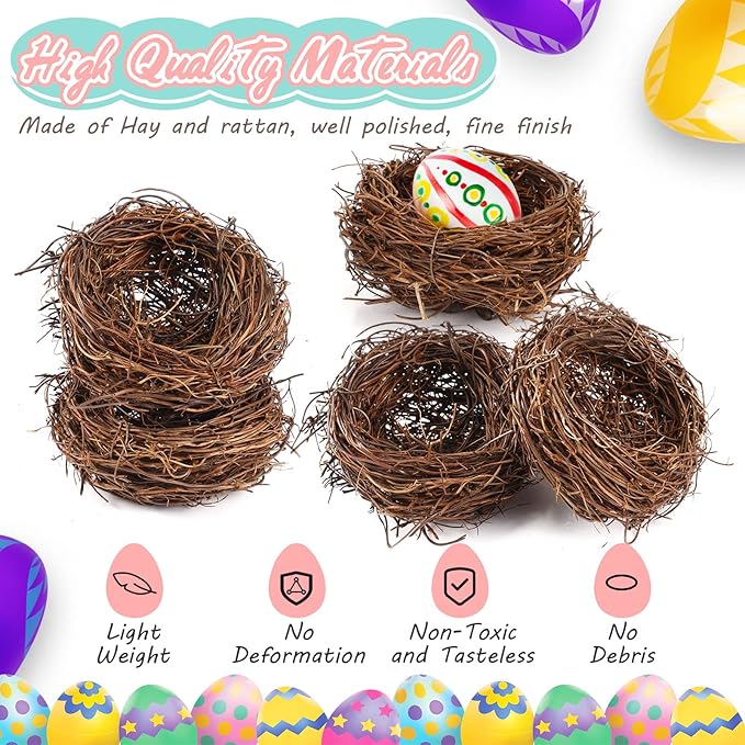 Gerrii 24 Pcs Artificial Bird Nests for Crafts Mini Faux Rattan Bird Nest Decoration for Easter Home Decor Fairy Garden Accessories Terrarium DIY Craft Supplies Wedding Table Centerpieces (4 Inch)