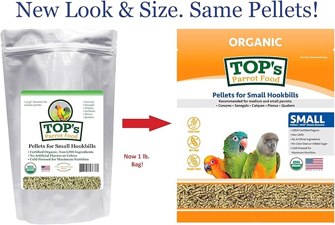 TOP's Parrot Food Bird Pellets for Small Hookbills - Non-GMO, Peanut Soy & Corn Free, USDA Organic Certified (1lb)