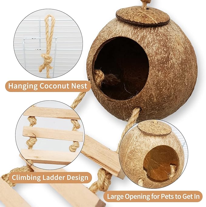 Tfwadmx 4 Pcs Coconut Hide with Ladder, Natural Coconut Fiber Hanging Birdhouse Cage, Coconut Bird Shell Breeding Nest for Parrot Parakeet Lovebird Finch Canary