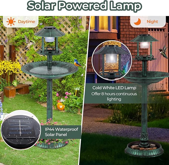 Giantex 42 inch Bird Bath Solar Lighted, Pedestal Bird Bath with Bird Feeder, Flower Planter Base, Solar Powered Lamp, 3 Ground Stakes, Standing Birdbath for Outside Garden Yard Outdoor (Green)