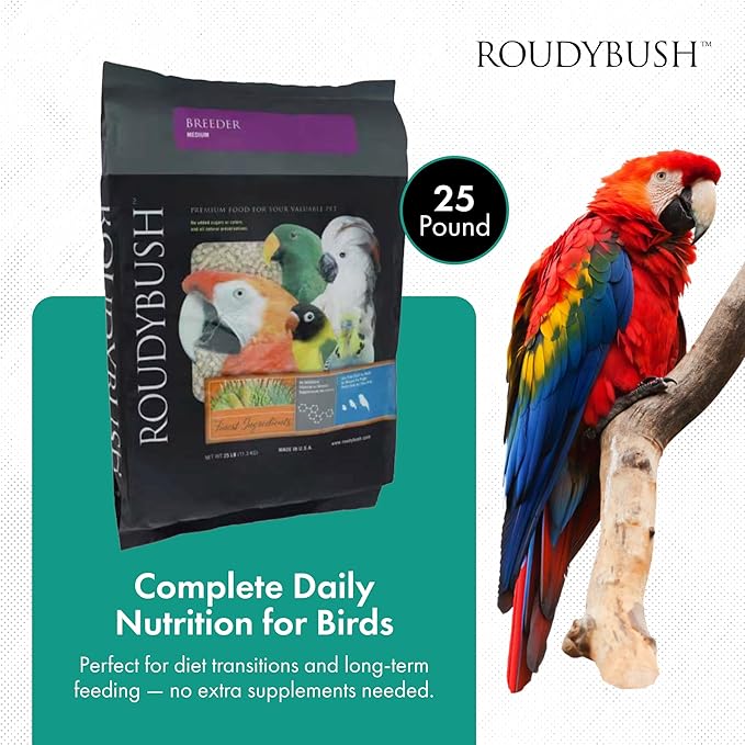 RoudyBush Breeder Food for Breeding & Weaning Birds, Pelleted Diet Made with Corn, Wheat & Soy, Daily Food for Small & Medium Parrots, Medium Pellet, 25 LB