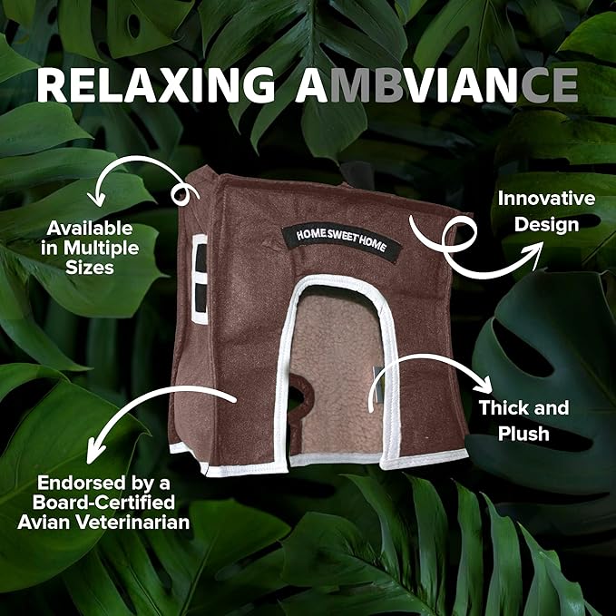 Crazy K Farm- Avian Haven Bird Hut, Comfy Bird Snuggle Hut, Plush Pet Bird Hut for Sleeping and Snuggling, Hanging Bird Cage Hut with Sherpa, Cozy Bird Cage Accessories Extra Small, Brown