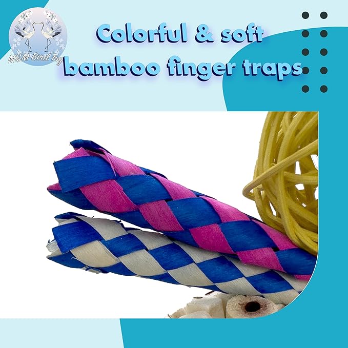 1703 Large Rainbow Rattan Sola Shredder - Handcrafted hanging foraging bird cage toy, Colorful rattan vine ball, Natural sola wood ball, Chewy bamboo finger traps, Natural jute twine, Lightweight part