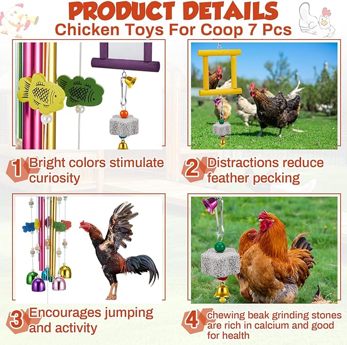 VioraWhite 7 Pcs Chicken Toys, Hanging Chicken Wind Chime, 2 Pcs Coop Mirror Toys with Bells 4 Pack Beak Grinding Stones, Musical Coop Accessories for Hen Rooster Chick Poultry Birds(Yellow, Purple)
