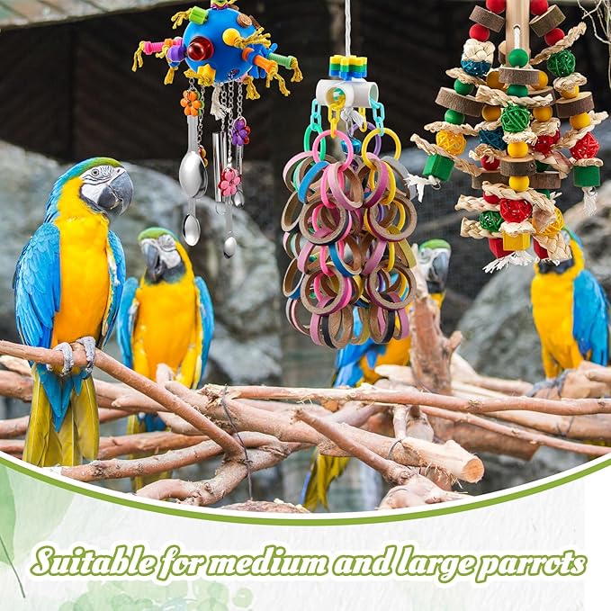 Seenelling 3 Pcs Extra Large Bird Parrot Toy Multicolored Natural Wooden Parrot Cage Chewing Toys for Large Medium Macaws Cockatoos African Grey Birds (Ring and Ball)