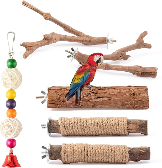 Natural Wood Bird Perches - 6PCS Wooden Parrot Stand Platform, Parakeet Climbing Standing Branches Toys, Paw Grinding Stick Fork Chewable Cage Accessories for Cockatiels Conure Lovebird Budgies