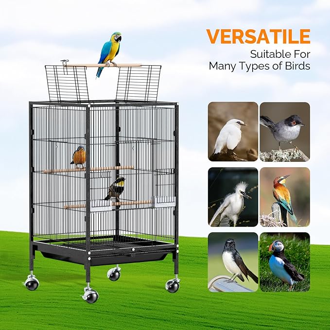 VINGLI 38-inch Bird Cage with Wheels, Durable Wrought Iron Parakeet Cage with Slide Out Tray, Black Bird Cages for Parakeets/Lovebird/Cockatiels/Budgies and Other Small/Medium Birds (Medium-38 inch)