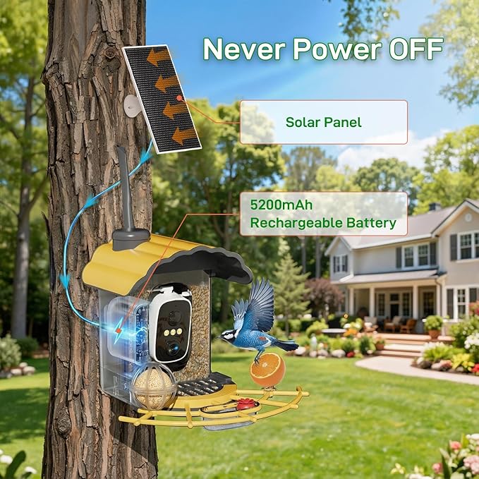 Smart Bird Feeder with Camera: Hummingbird Feeder with Solar Powered for Outdoors, Bird House with 2K HD Video & AI Bird Species Identification, Arrival Alerts, Gift for BirdLovers - Yellow