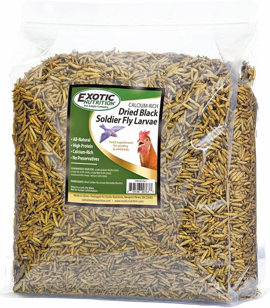 Exotic Nutrition 20 LB Bulk Dried Black Soldier Fly Larvae - High-Calcium Insect Treat - Chickens, Wild Birds, Bluebirds