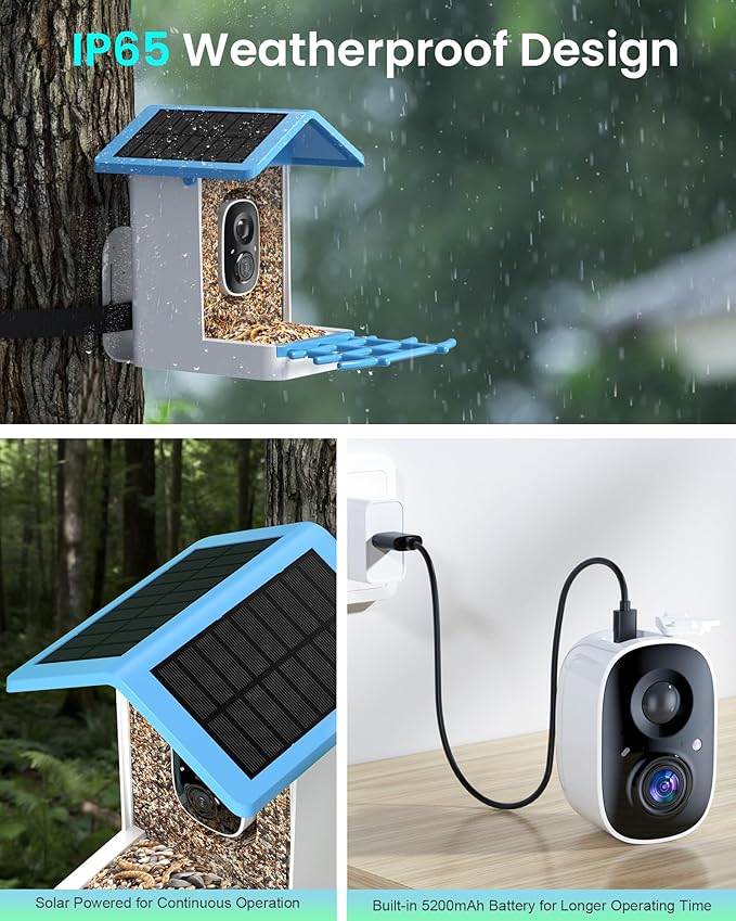 isYoung Smart Bird Feeder with Camera, 2.5K QHD Resolution, AI Identify 16000+ Birds, AI Auto-Capture & Motion Detection, IP65 Water-Resistant, 5W Solar Powered, Best Gift for Bird Lovers（Blue）