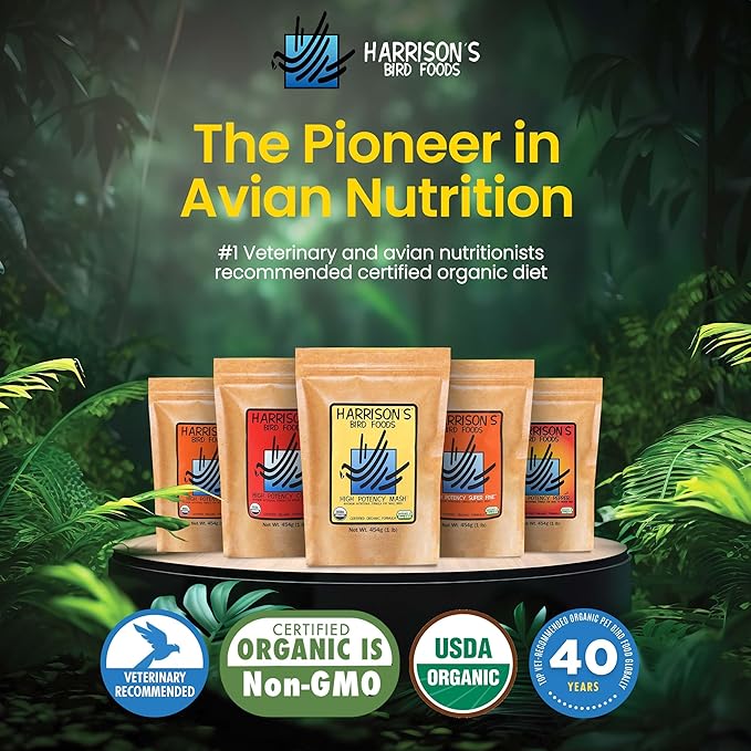 Harrison's Bird Foods High Potency Mash- Certified Organic, Non-GMO, Minimally Processed Nutrient-Rich Formula for Birds with Special Needs, Molting, Breeding, or Young Birds Under 1 Year 454g / 1lb