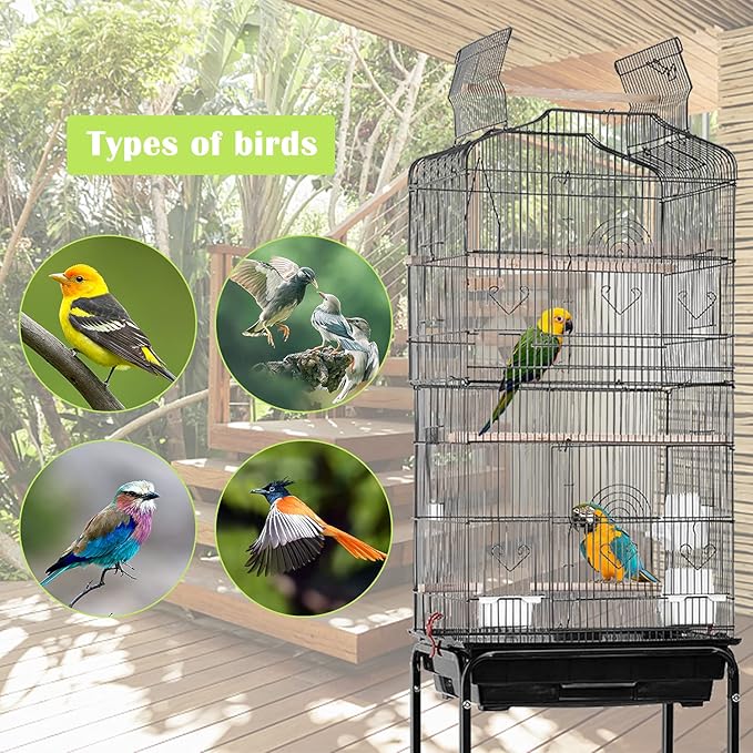 64 Inch Open Top Bird Cage Stand Medium Small Parrot Parakeet Cage with Rolling Stand,Wrought Iron Bird Cage for Cockatiels Lovebirds Parrotlet Flight Conure Pigeon,Black