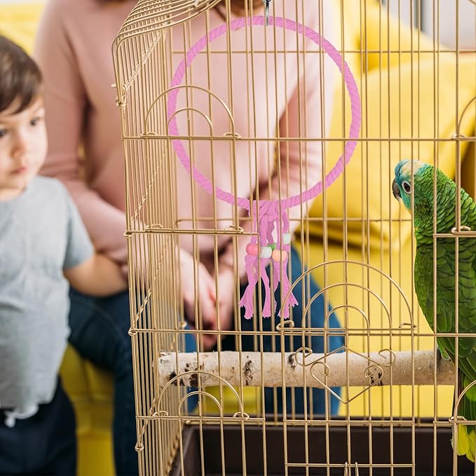 Bird Swing, 20 CM Diameter Hanging Parrot Swing with Colourful Beads, Swing Parrot Toys Cotton Rope Ring Bird Cage Toys for Budgie, Cockatiel, Canary, Parakeet, Finch (Green)