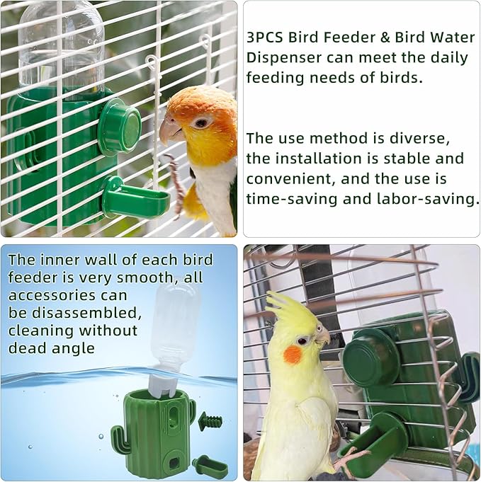 Bird Water Dispenser Automatic Bird Feeder for Cage Set, No Mess Parakeet Feeder for Parrots, Cockatiels, Finches, Budgies (3PCS, Green)