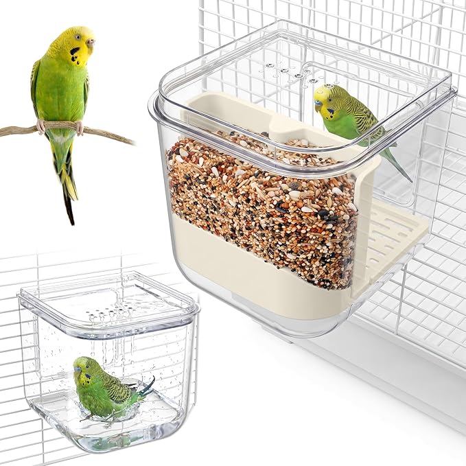 No Mess Automatic Bird Feeder with Hooks Hanging,2 in 1 Bird Bath for Cage,Multifunctional Bird Food Container Bathing Tubs,Parrot Seed Feeders Bird Cage Accessories for Budgies Lovebirds Cockatiels