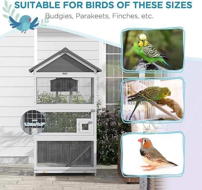 PawHut Wooden Bird Aviary, 67" Outdoor Bird Cage with Slide-Out Tray, Three Doors, Birdhouse, Ladder, Perches for Finches, Parakeets, Gray
