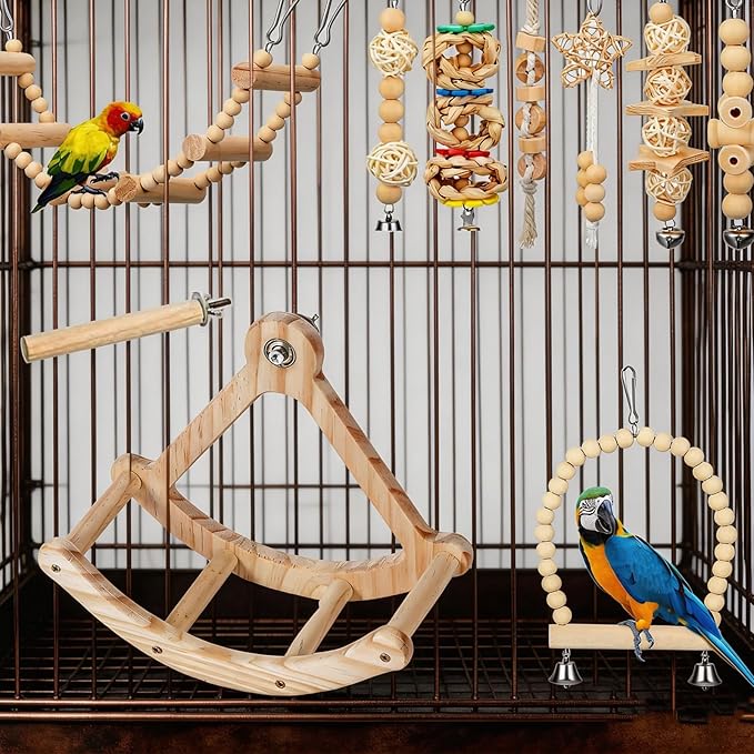 Bird Toys cage Accessories Parakeet Parrot Swing Wood Stand Perch Hemp Rope Toy Interactive Hanging Swing Toy for Budgerigar Conure Cockatiel mynah Finches