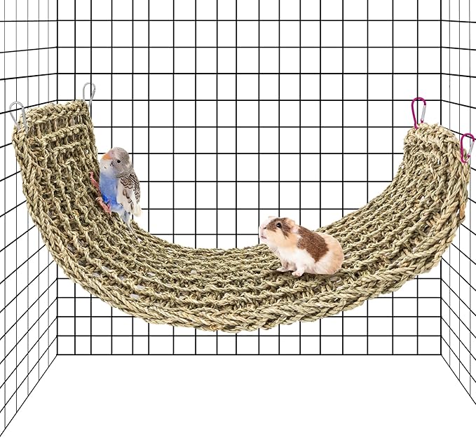 Bird Seagrass Mat 30 x 7 Inch Natural Seagrass Woven Bird Net, Parakeet Climbing Rope Ladder, Hammock Climbing Rope Ladder with Hooks, Chew Toys for Parrots Lovebird Cockatiel Budgie Hamster