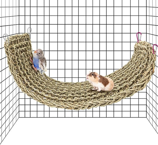 Bird Seagrass Mat 30 x 7 Inch Natural Seagrass Woven Bird Net, Parakeet Climbing Rope Ladder, Hammock Climbing Rope Ladder with Hooks, Chew Toys for Parrots Lovebird Cockatiel Budgie Hamster