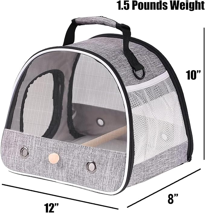Small Bird Travel Carrier, Portable Mesh Vented Bird Carrier Cage for Parakeet, Parrot, Cockatiel, Guinea Pig, Bearded Dragon Reptile Carrier for Hiking Vet Visit Bicycle Ride (Grey, Mesh Window)