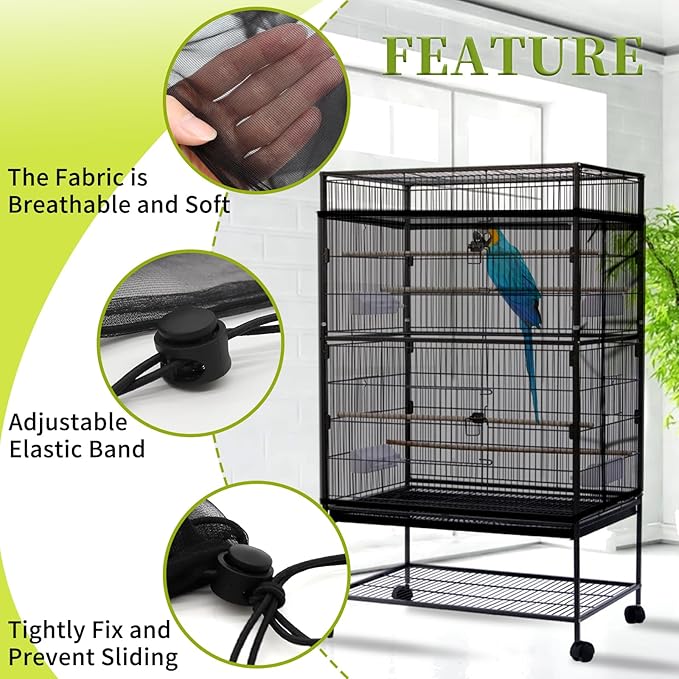 Daoeny Bird Cage Seed Catcher, Large Bird Cage Cover, Adjustable Soft Airy Nylon Mesh Net, Birdcage Cover Skirt Seed Guard for Parrot Parakeet Macaw African Round Square Cages (Black)