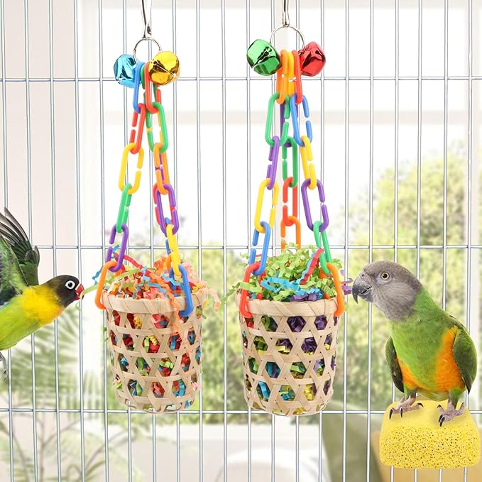 Wontee Bird Colorful Shredding Crinkles Foraging Toys Natural Sola Ball for Parrots Cockatiels Conures Budgies Senegal (Bamboo Basket (2 Pack))