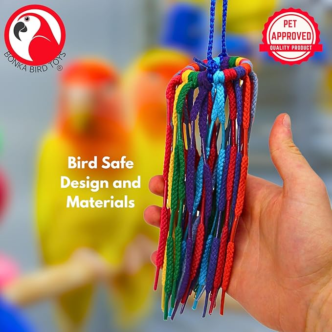Bonka Bird Toys 51214 Small Aglet Heaven Cotton Shoelace Toy with Plastic Aglets and 2" Ring for Parakeets Cockatiels Quakers Pionus Small Bird Enrichment