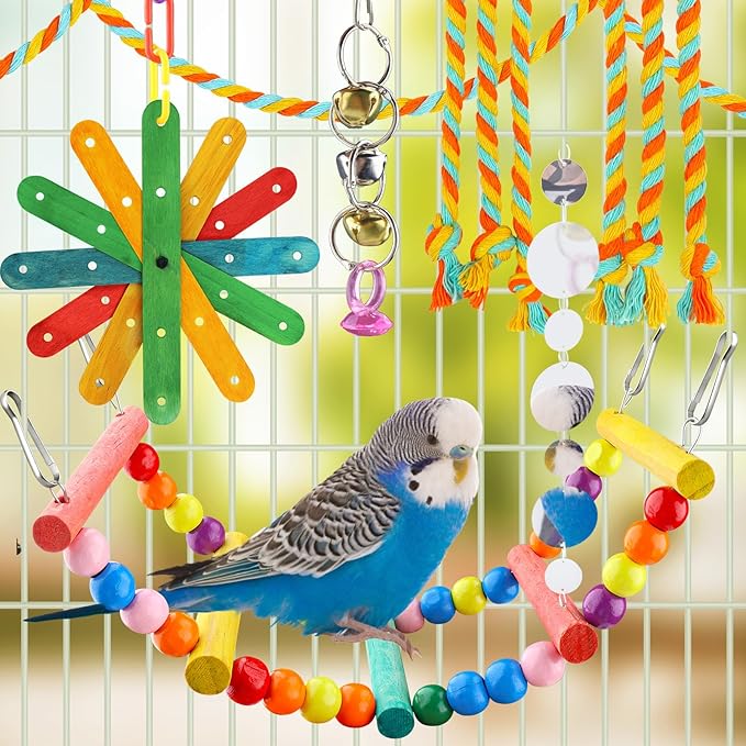 QUOZUO 8 pcs Bird Toys for Parakeets with Colorful Ladder Hammock Bird Cage Accessories Bird Perch Stand Chewing Toys Hanging Bell Parrot