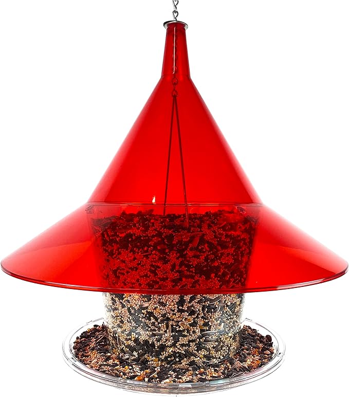 Sky Cafe Squirrel Proof Bird Feeder for Outside - Very Large, 17 in. Diameter, 1.5 Gallon Birdseed Capacity - Made in USA (Ruby Red) - Free Squirrel Mug