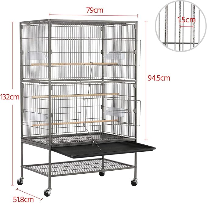 Costoffs 132cm Extra Large Rolling Metal Bird Cage Parrot Cage for Lovebird Cockatoo Conure with 3 Perches/4 Feeders/Extra Storage Shelf Black
