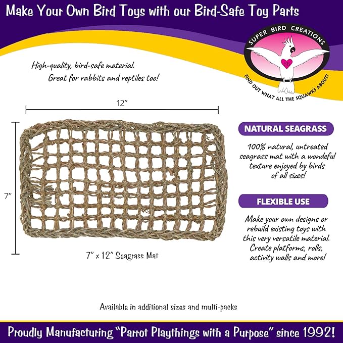 Super Bird Creations SB50008 Seagrass Mat for Cage Decor, Pet Enrichment and Boredom Relief - Versatile Toy-Making Base - Ideal for Parrots - Small to Large Birds & Reptiles - 7"x12" (3 Pack)