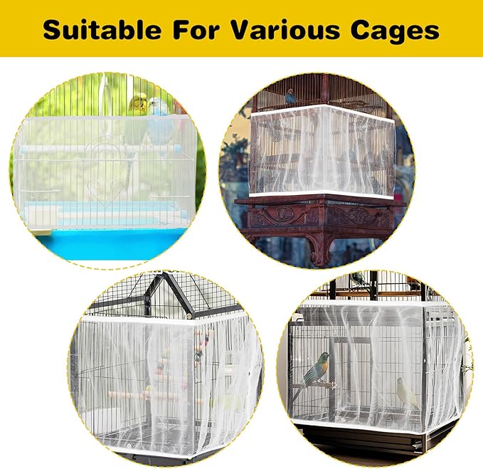 Grevosea 3 Pcs Bird Cage Seed Catcher, Large Bird Cage Cover Stretchy Adjustable Nylon Mesh Birds Cages Net Skirt for Parrot Parakeet Macaw African Round Square Cages Accessories (White)