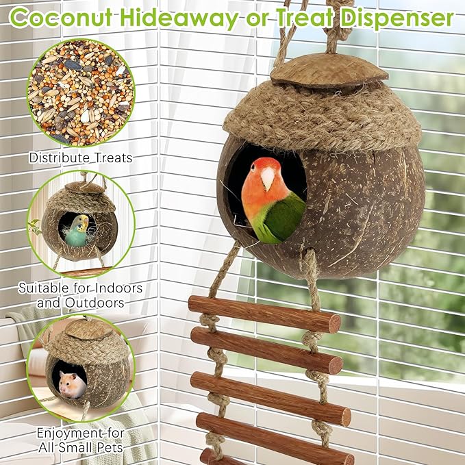 Tfwadmx Coconut Bird Nest Hut with Ladder Natural Coconut Fiber Shell Hanging Coco Birds House Parrot Cage Decor for Parrot Parakeet Lovebird Finch Canary