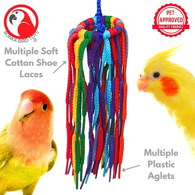 Bonka Bird Toys 51214 Small Aglet Heaven Cotton Shoelace Toy with Plastic Aglets and 2" Ring for Parakeets Cockatiels Quakers Pionus Small Bird Enrichment