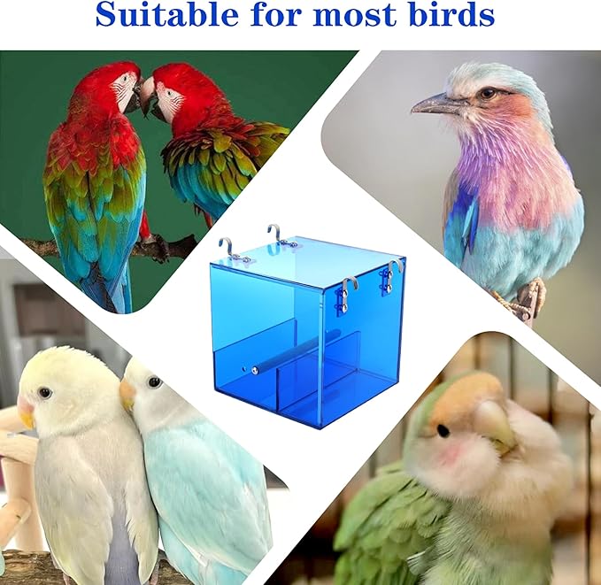 Automatic Bird Feeder Residue-Free Bird Cage Pet Feeder Seed & Pellet Container for Long-Tailed Parrots, Budgerigars, Canaries, Cockatiels, Lovebirds Acrylic Material Blue 6.3 x 6.3 x 6.3 Inches