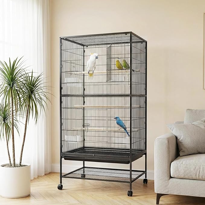 60" H Large Bird Cage, Rolling Bird Cage with Storage Stands, Feed Bowls, Wide Flight Parakeet Cage for Macaw, Parakeets, Conures, Cockatiel, Cockatoo