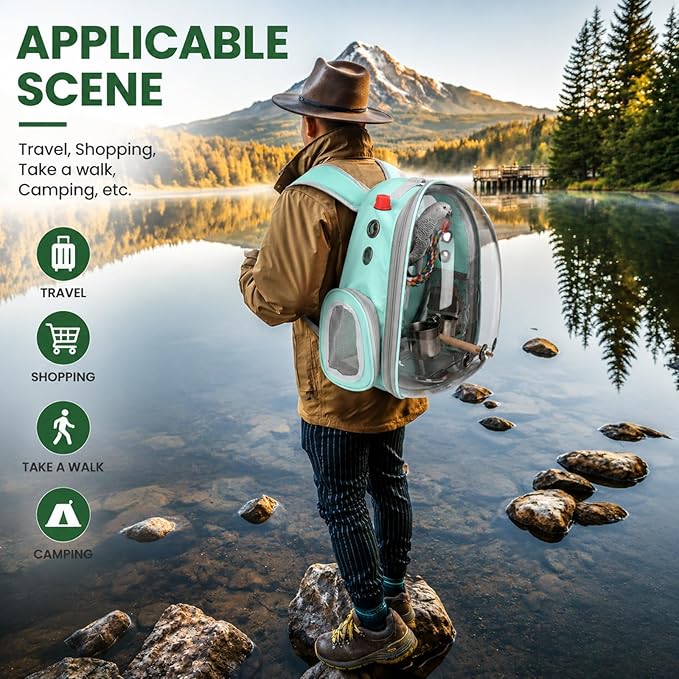 Rypet Bird Carrier Backpack Parrot Portable Breathable Bag Pet Bird Lightweight Travel Cage with Standing Perch and Stainless Steel Tray（Mint Green）