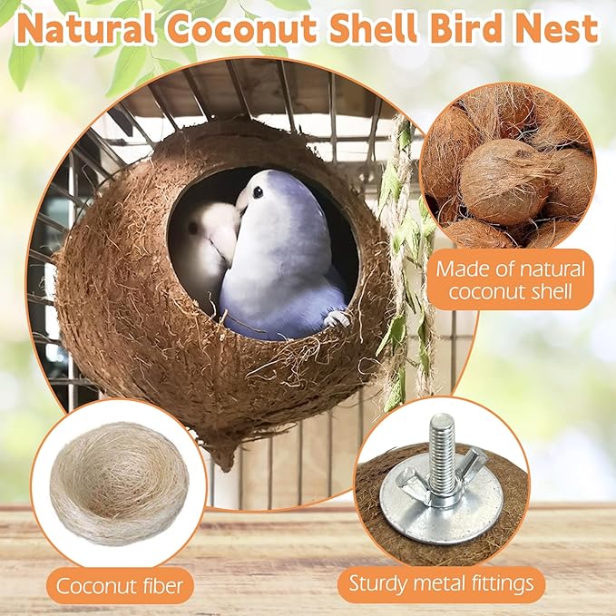 Coconut Bird Nest for Cage Natural Coconut Shell Birds House Parakeet Small Coconut Hide Breeding Hut Bird Cage Accessories for Parrot Lovebirds Budgies Cockatiel Conure Finch Canary