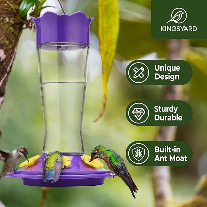 Kingsyard Glass Hummingbird Feeder for Outdoors Hanging, 14 oz Leak-Proof Humming Bird Feeders with Ant Moat & Bee Proof Feeding Ports, Hummingbird Gift for Bird Lovers (Updated Purple)