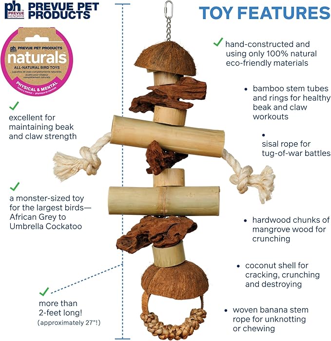 Prevue Pet Products Naturals Gorilla Bird Toy - Accessories for Large and Extra Large Birds, Hanging Cage Toy for Beak Exercise, Climbing, Chewing, and Rugged Natural Enrichment