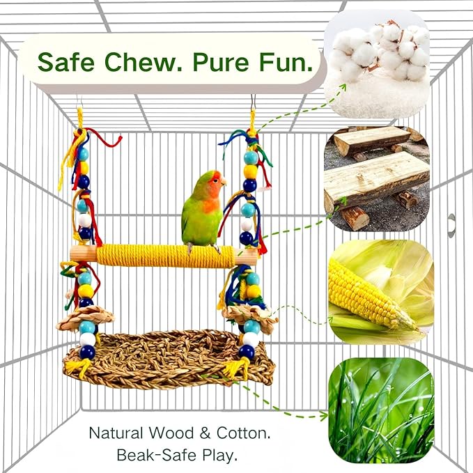 Parakeet Swing Toys,Natural Bird Grass Mat Toys Parrot Climbing Hammock with Perch Toys for Cockatiel, Sun Conure, Lovebird, Budgie