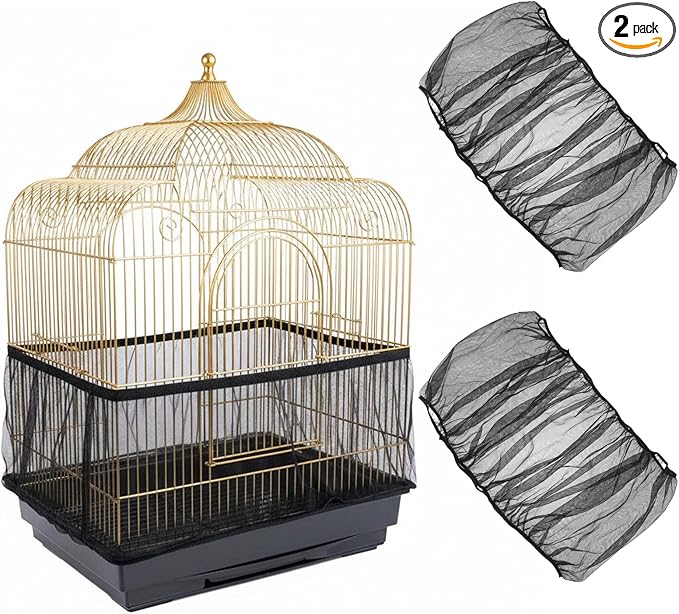 2 Pcs Bird Cage Seed Catcher, Elasticity Bird Cage Cover Seed Catcher Guard Birdscage Net Skirt Netting for Parrot Parakeet, Black