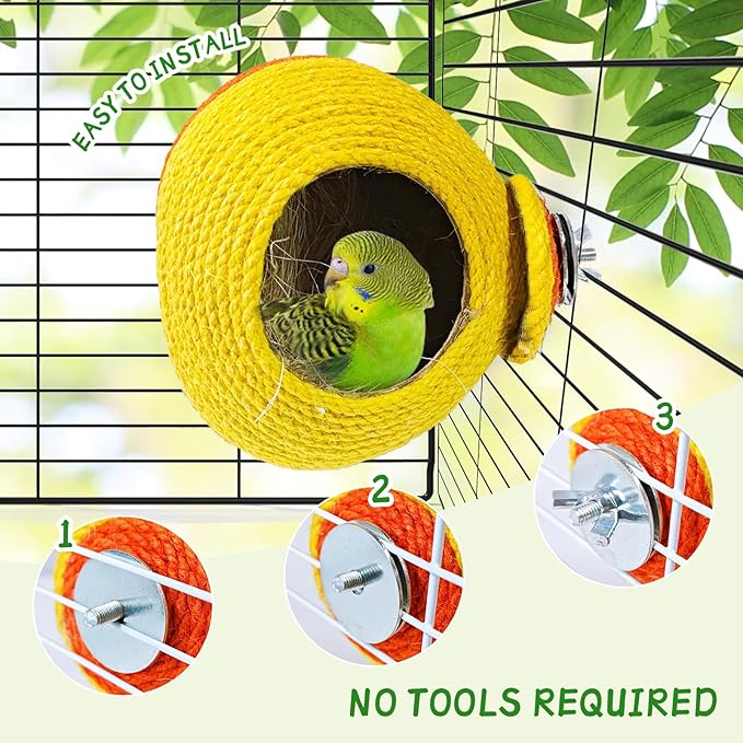 Bird Nest,Parrot Breeding House,Parakeet Natural Coconut Shell Hut,Hanging Budgie Nesting House with Coconut Fiber,Cockatiel Bed for Conure Lovebird Finch Birds,Orange&Yellow