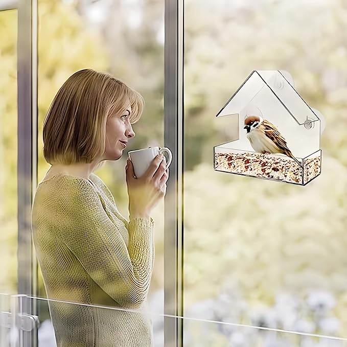 2 Pack Window Bird Feeder for Outdoors Clear Feeders Window Mounted with Strong Suction Cups Fummingbird Feeder Acrylic Birdfeeders for Viewing Wild Birds Outside, Interactive Cat Toys