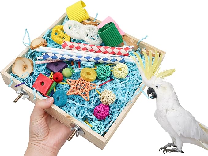 Jinkoozz Bird Foraging Toys Box, Wooden Parrot Shredding Toys Box, Bird Chewing Toys, Birdcage Accessories, Suitable for Small Birds Parakeets Cockatiels Love Birds Conures